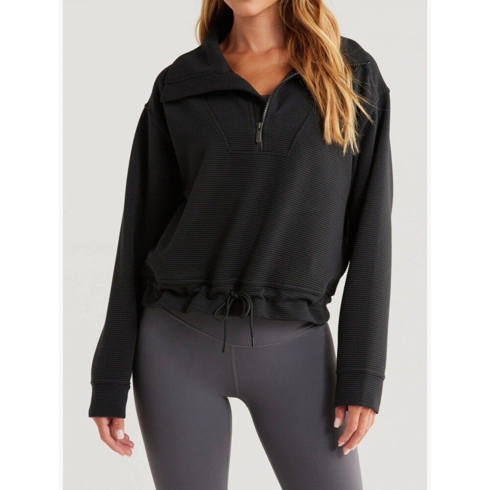 Zella Kickback Ottoman Ribbed Half Zip Pullover Sweatshirt M Black Drawstring